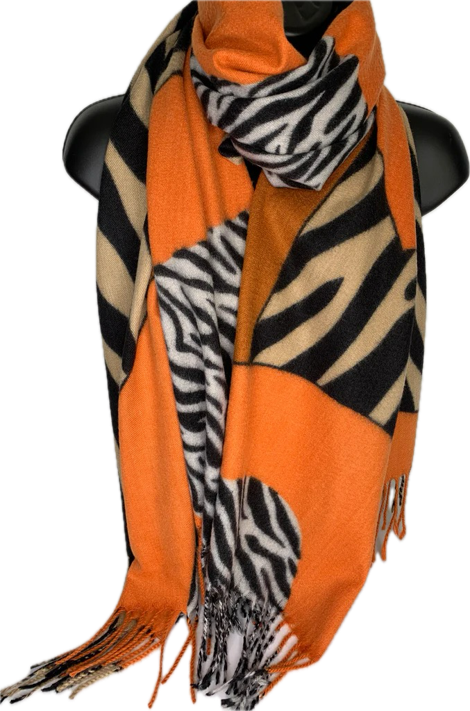 Cashmere feel orange, black, white and cream zebra print scarf