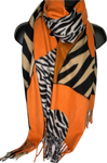 Cashmere feel orange, black, white and cream zebra print scarf