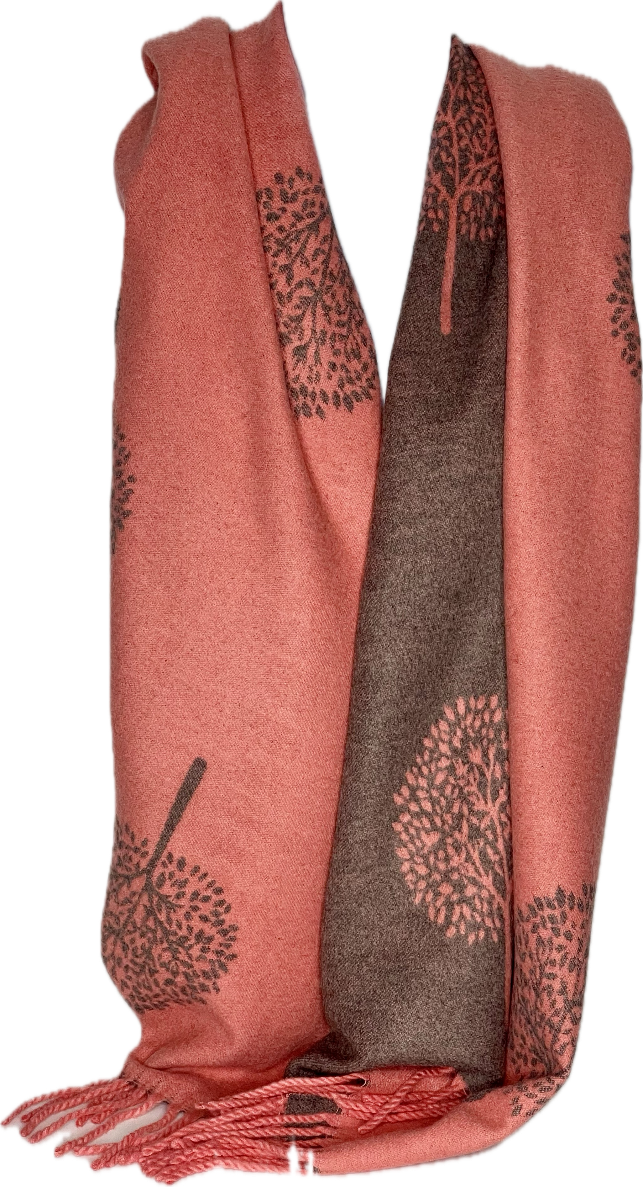 Super soft, cashmere blend, reversible tree of life print scarf in salmon pink and grey