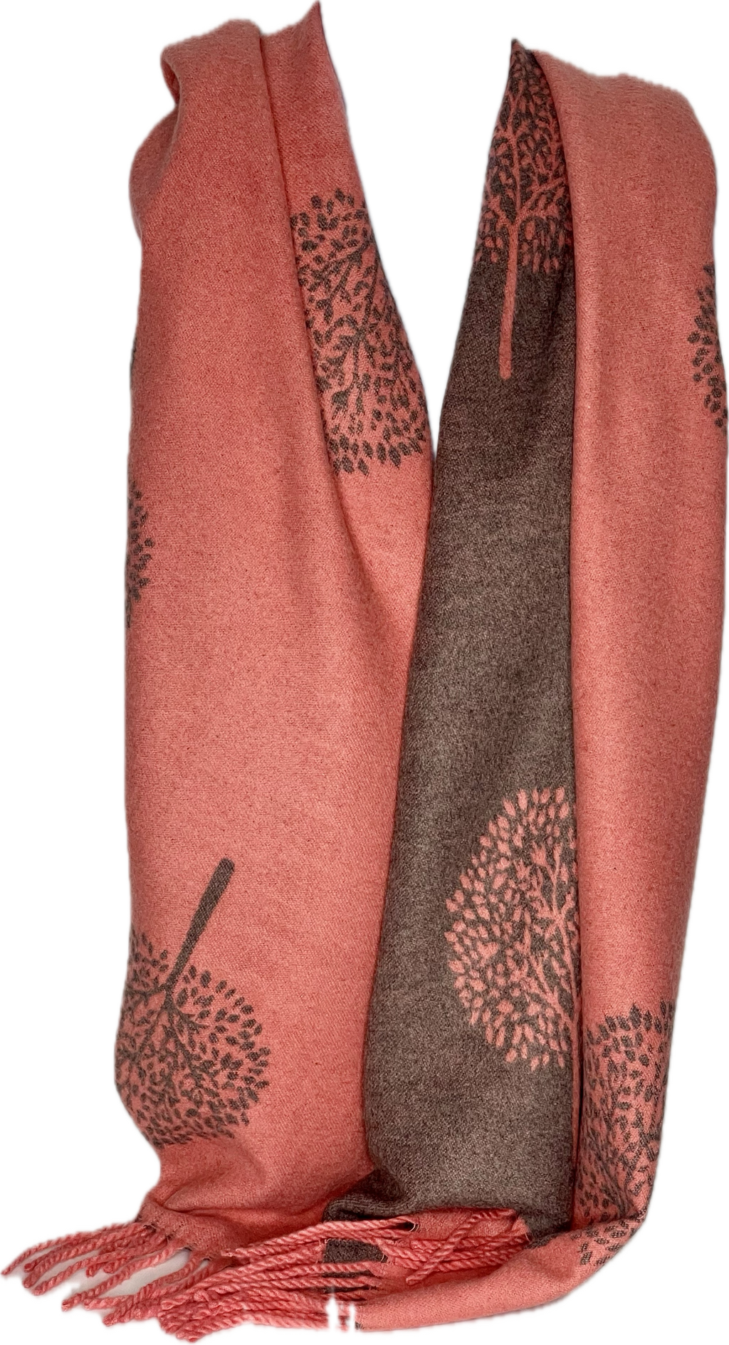 Super soft, cashmere blend, reversible tree of life print scarf in salmon pink and grey