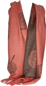 Super soft, cashmere blend, reversible tree of life print scarf in salmon pink and grey