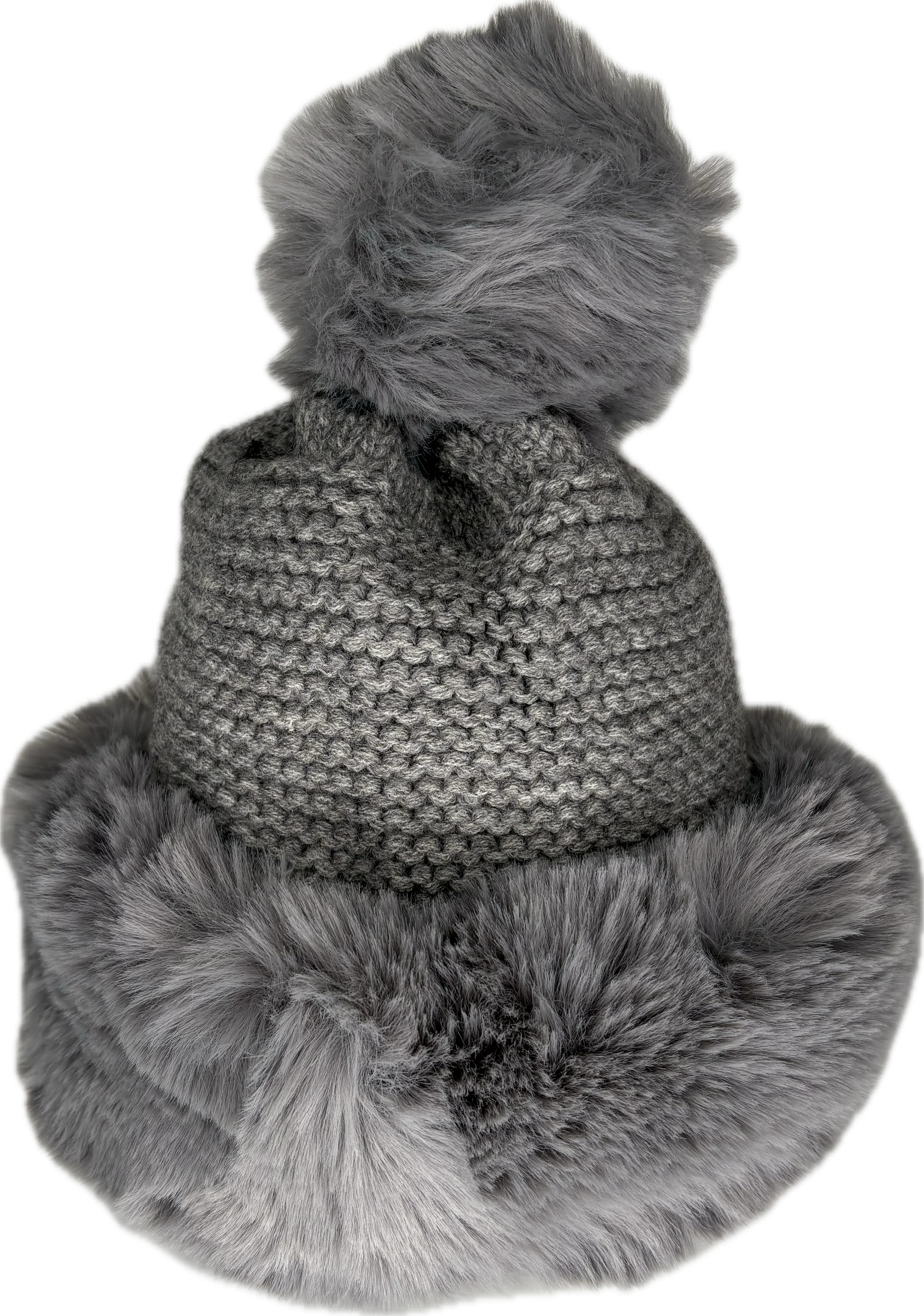 Russian style fur band hat with cable knit detail and fur pom pom in grey