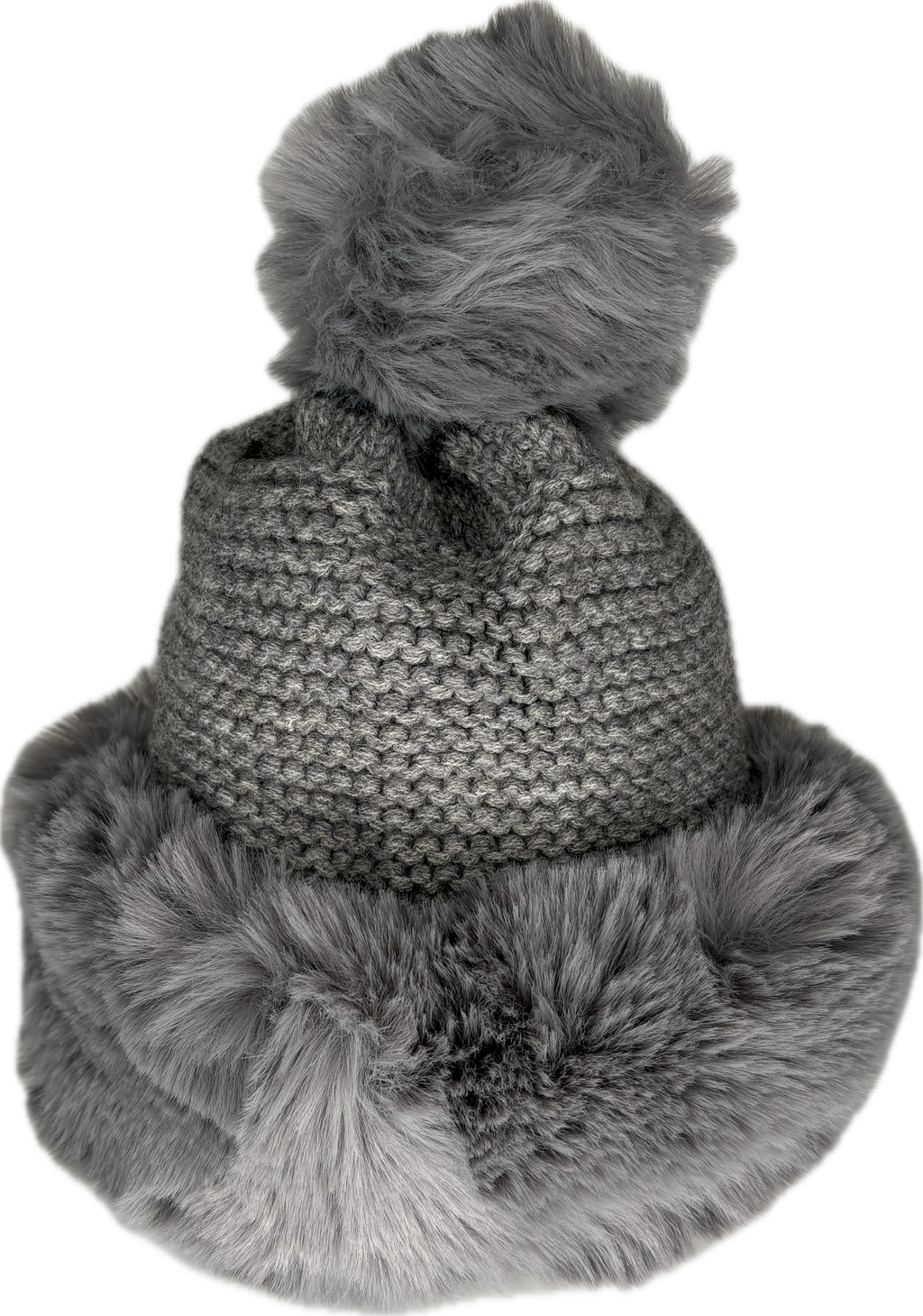 Russian style fur band hat with cable knit detail and fur pom pom in grey