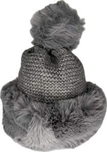 Russian style fur band hat with cable knit detail and fur pom pom in grey