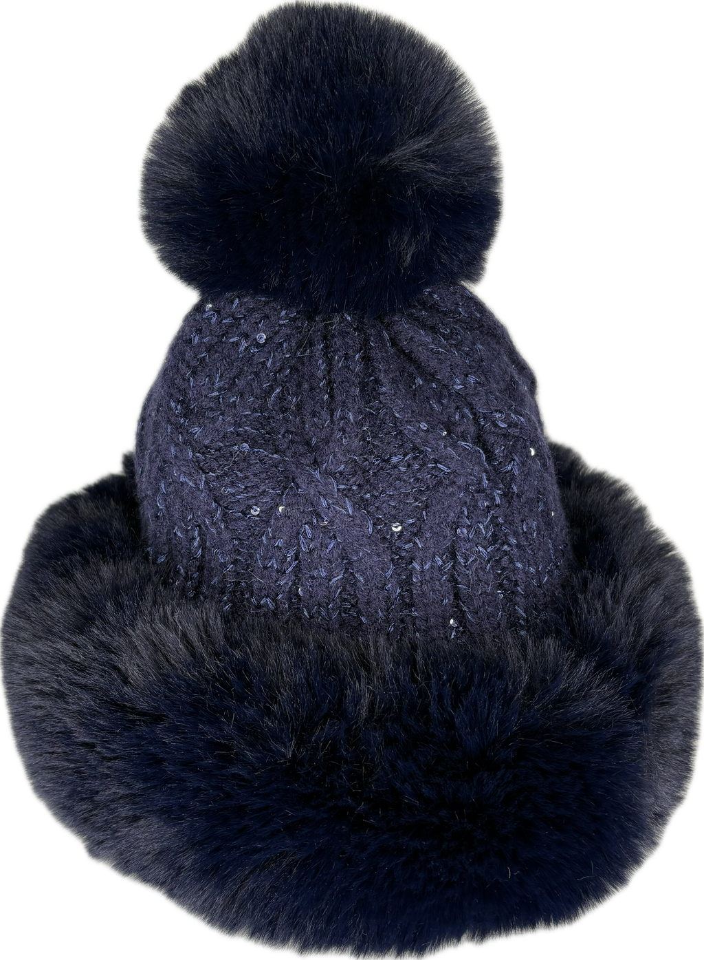 Russian style fur band hat with cable knit glitter detail and fur pom pom in navy