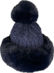 Russian style fur band hat with cable knit glitter detail and fur pom pom in navy