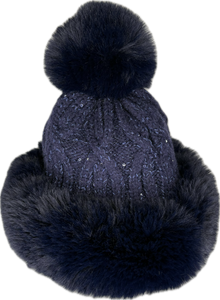 Russian style fur band hat with cable knit glitter detail and fur pom pom in navy