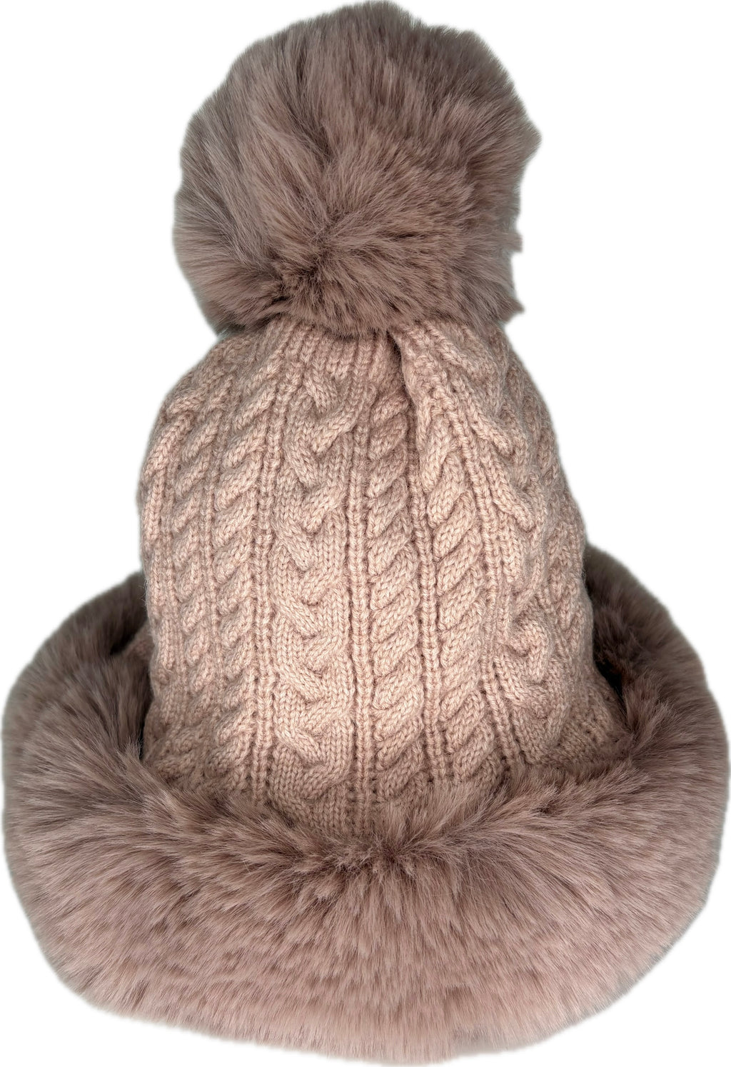 Russian style fur band hat with cable knit detail and fur pom pom in pink