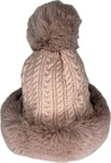 Russian style fur band hat with cable knit detail and fur pom pom in pink