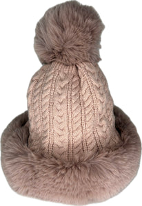 Russian style fur band hat with cable knit detail and fur pom pom in pink