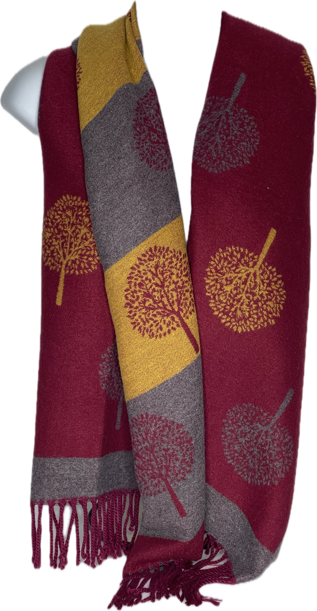Super soft, cashmere blend, striped reversible tree of life print scarf in red wine, mustard and grey
