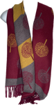 Super soft, cashmere blend, striped reversible tree of life print scarf in red wine, mustard and grey