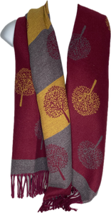 Super soft, cashmere blend, striped reversible tree of life print scarf in red wine, mustard and grey