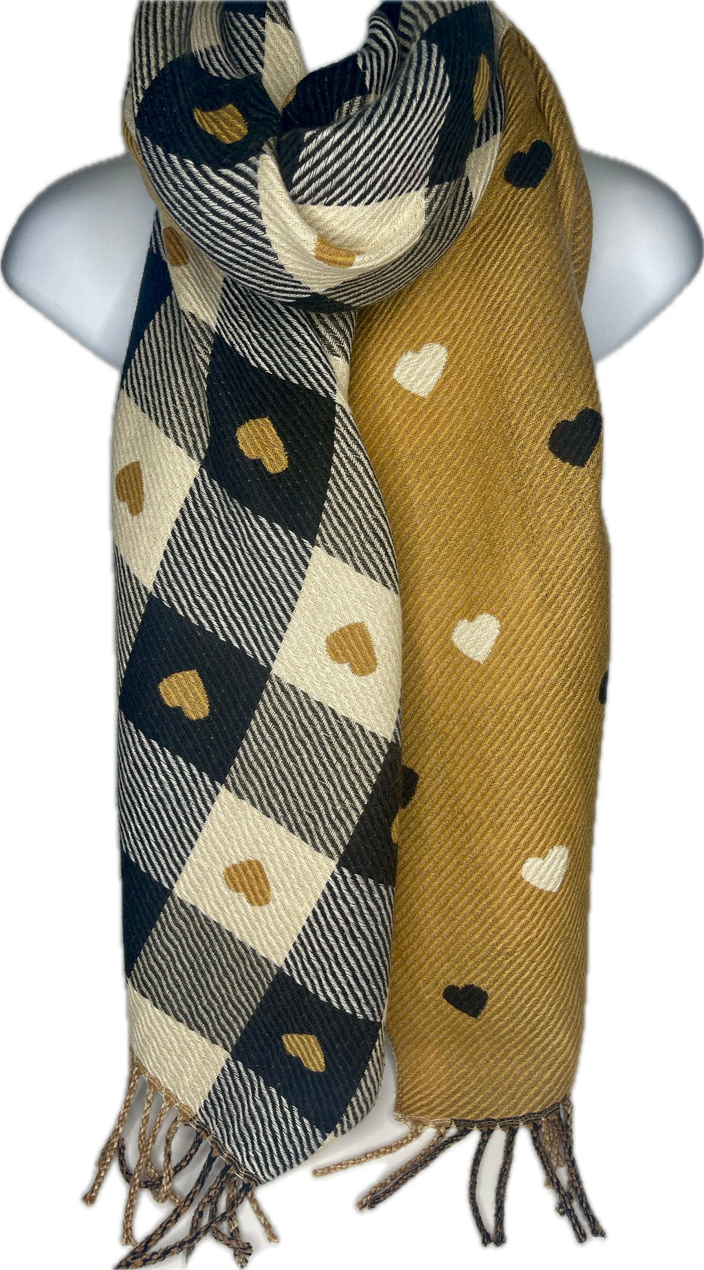 Super soft, cashmere blend, reversible black, cream and camel checkered heart print scarf