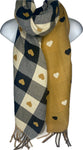 Super soft, cashmere blend, reversible black, cream and camel checkered heart print scarf