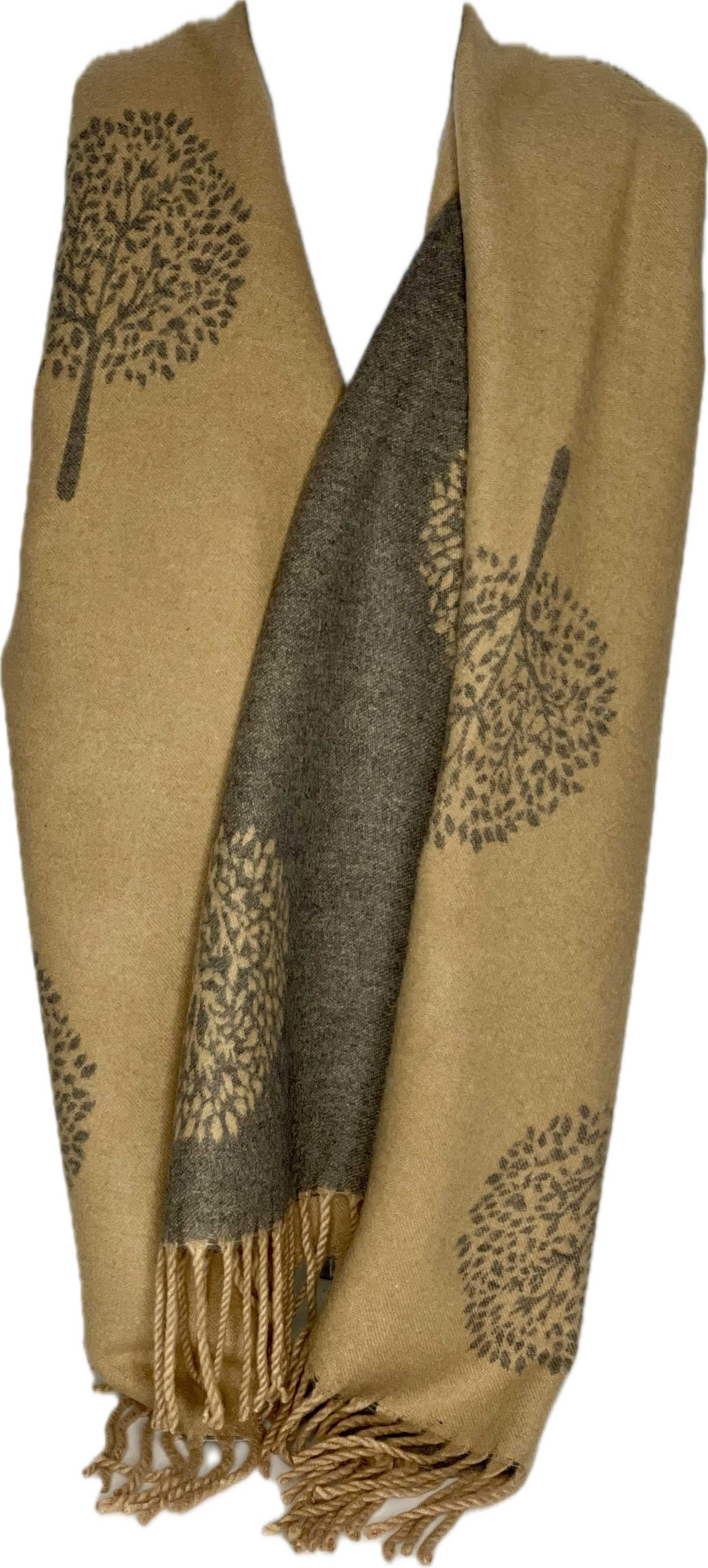 Super soft, cashmere blend, reversible tree of life print scarf in camel and grey
