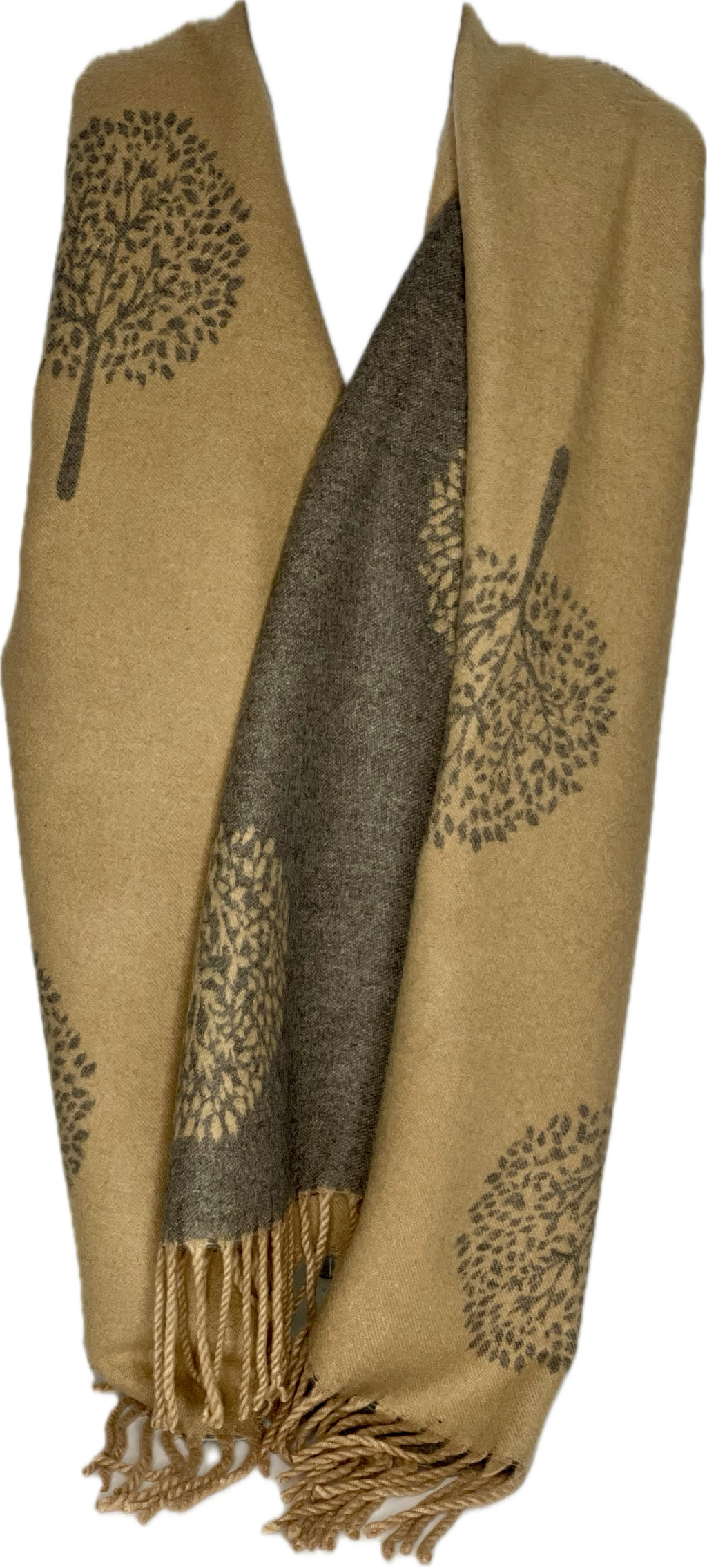 Super soft, cashmere blend, reversible tree of life print scarf in camel and grey
