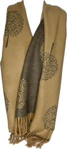 Super soft, cashmere blend, reversible tree of life print scarf in camel and grey