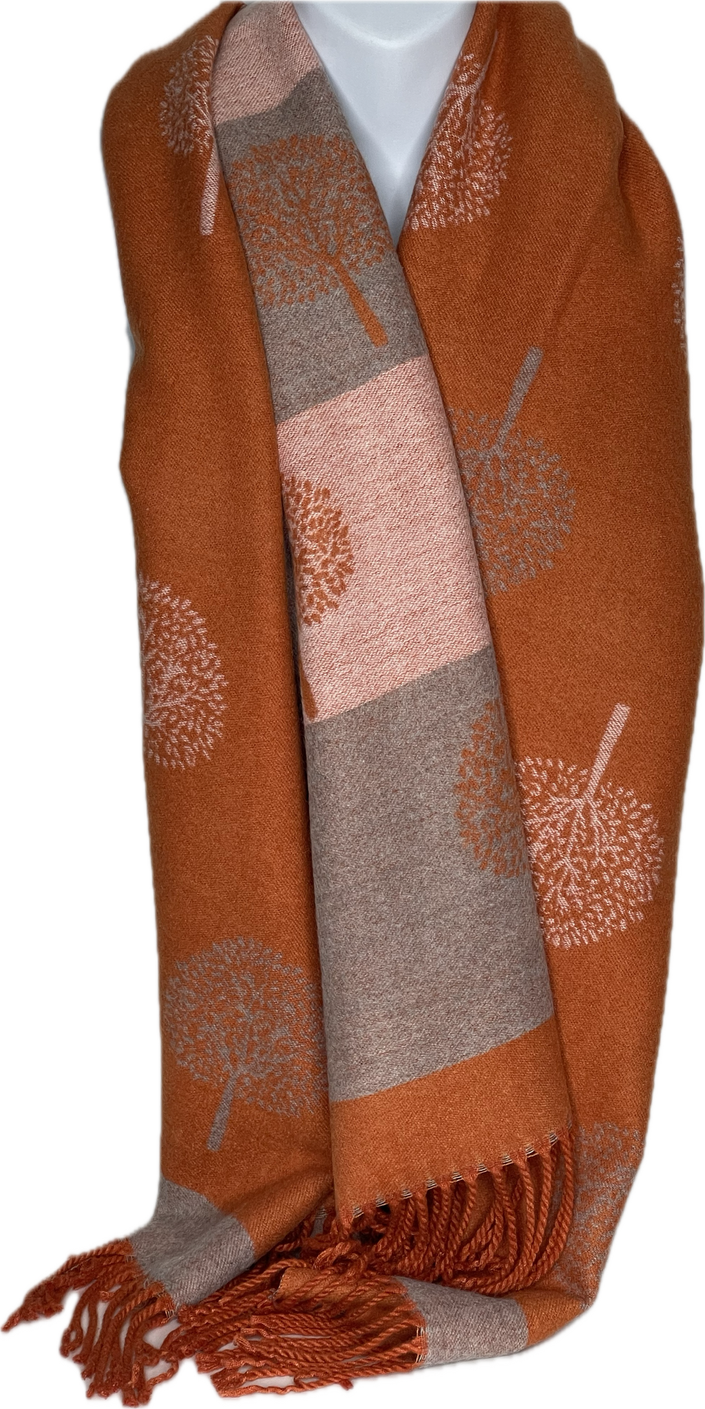 Super soft, cashmere blend, striped reversible tree of life print scarf in orange and grey
