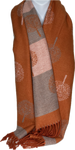 Super soft, cashmere blend, striped reversible tree of life print scarf in orange and grey