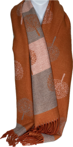 Super soft, cashmere blend, striped reversible tree of life print scarf in orange and grey