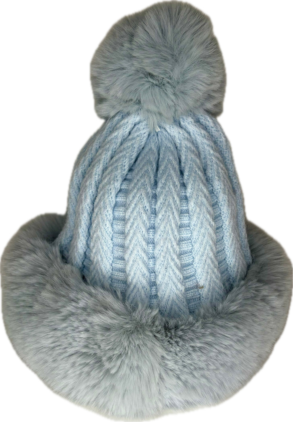 Russian style fur band hat with cable knit detail and fur pom pom in baby blue