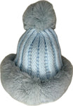 Russian style fur band hat with cable knit detail and fur pom pom in baby blue