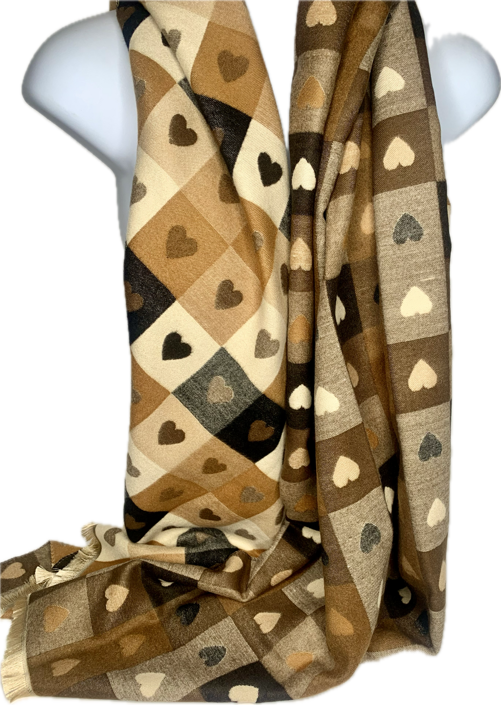 Super soft, wool blend, reversible, chocolate, cream and brown checkered heart print scarf