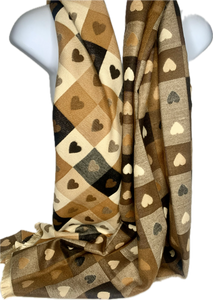 Super soft, wool blend, reversible, chocolate, cream and brown checkered heart print scarf