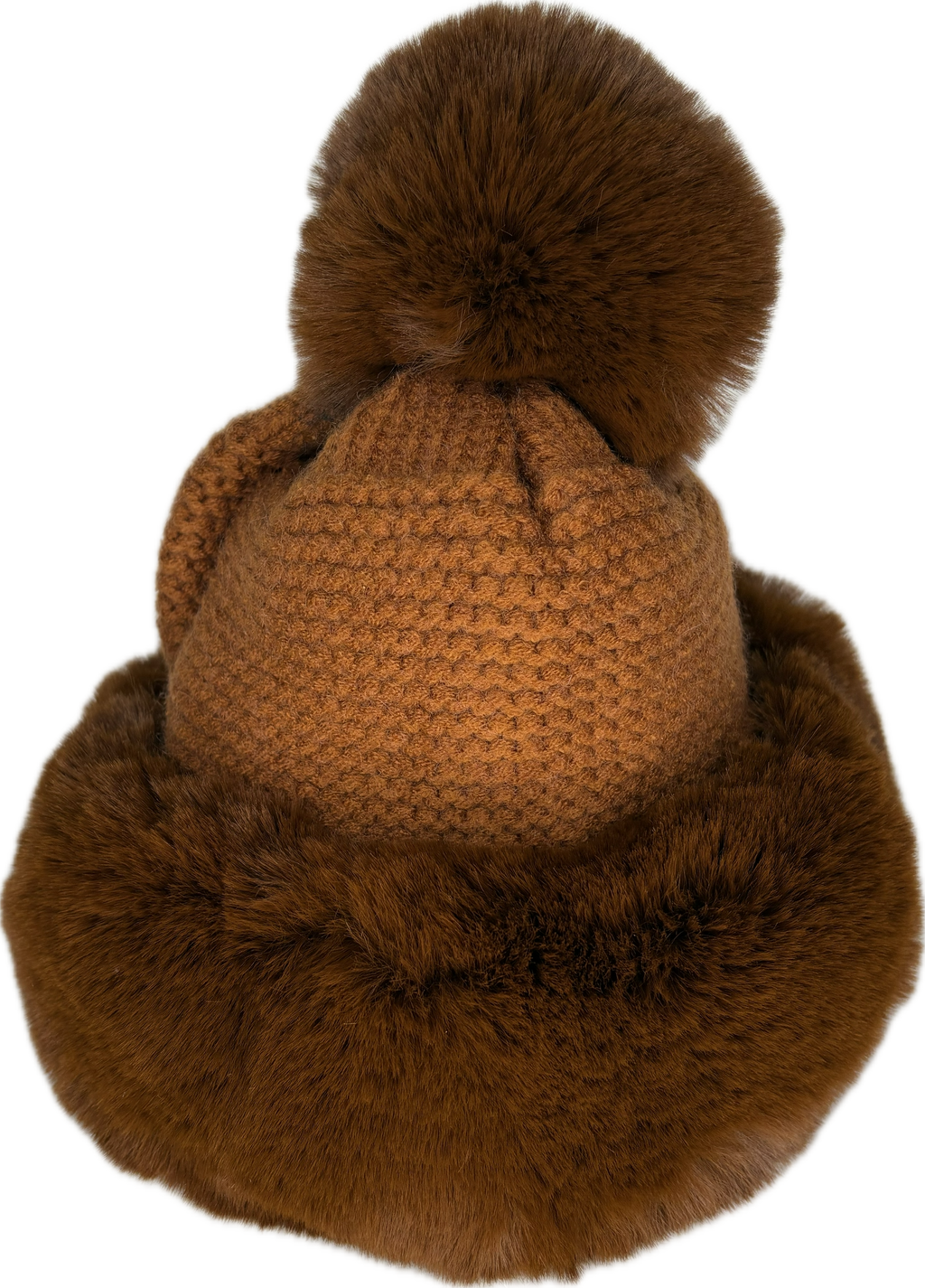 Russian style fur band hat with cable knit detail and fur pom pom in tan