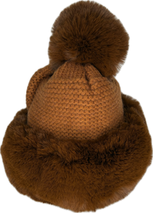 Russian style fur band hat with cable knit detail and fur pom pom in tan