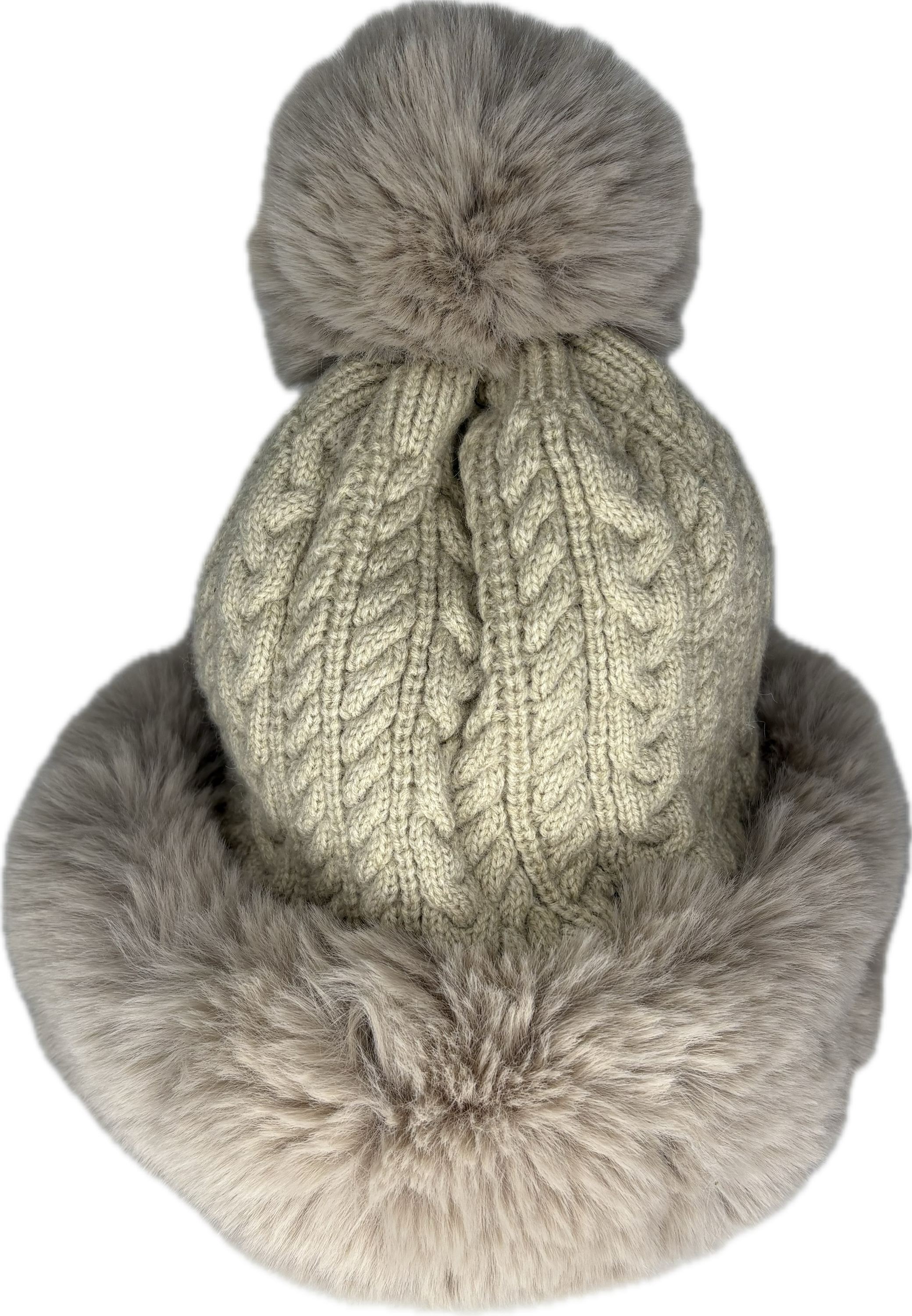 Russian style fur band hat with cable knit detail and fur pom pom in cream