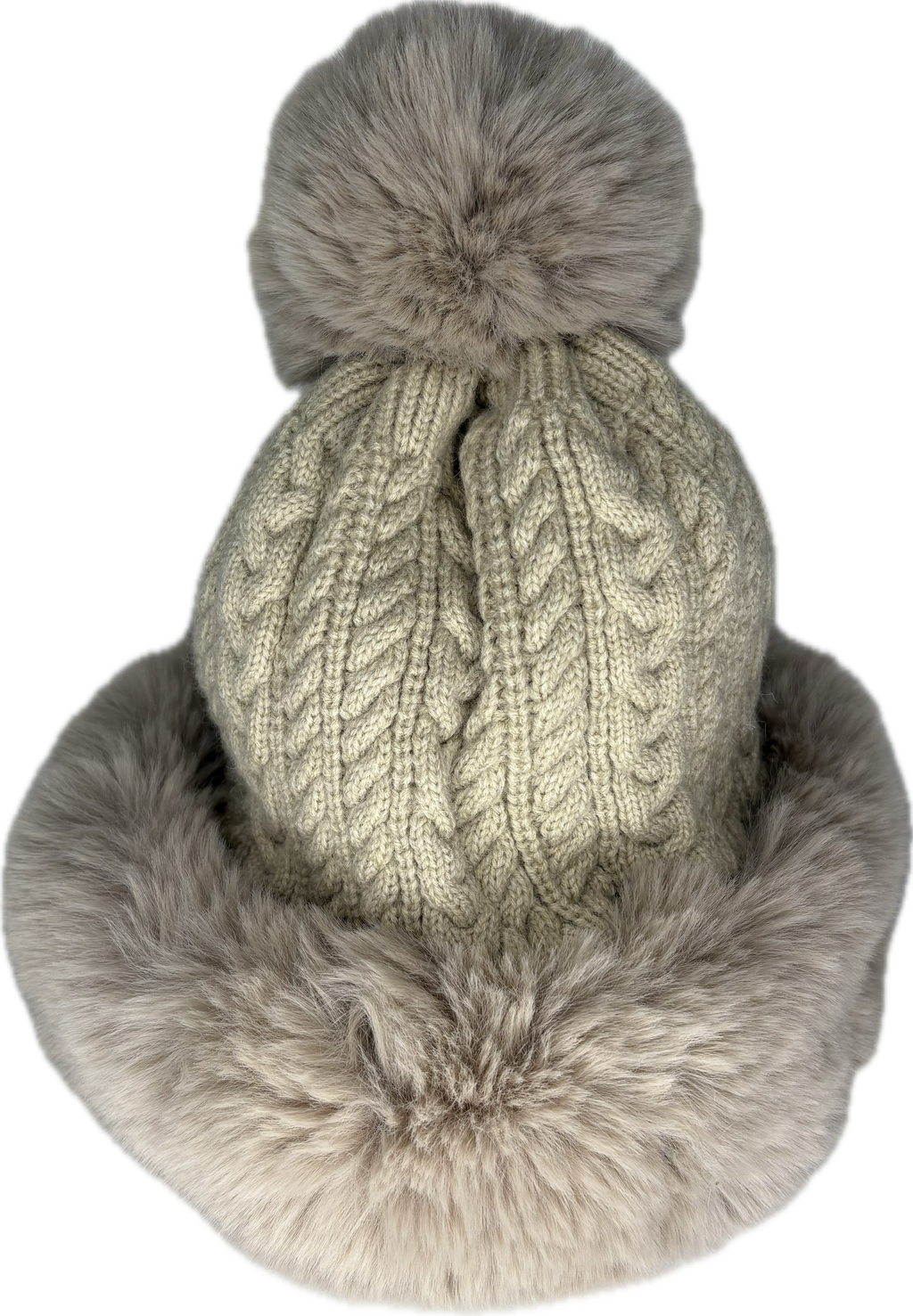 Russian style fur band hat with cable knit detail and fur pom pom in cream