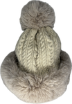 Russian style fur band hat with cable knit detail and fur pom pom in cream