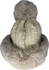 Russian style fur band hat with cable knit detail and fur pom pom in cream