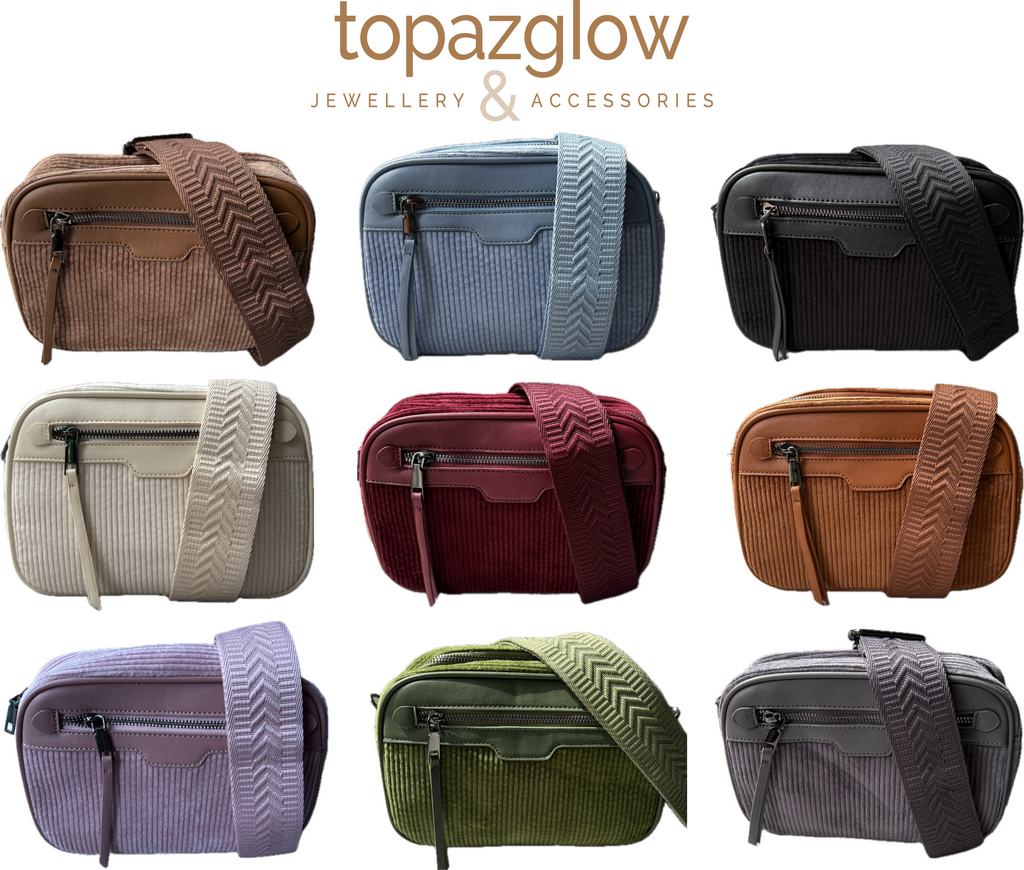 Soft corduroy crossbody camera bag - complete with fully adjustable matching shoulder strap