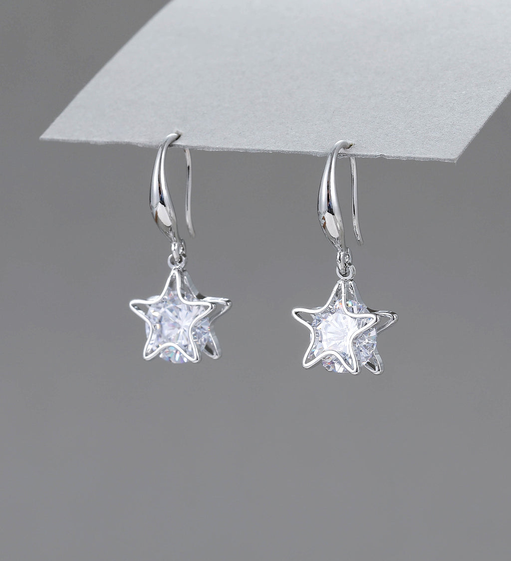 Silver & shiny crystal star drop earrings