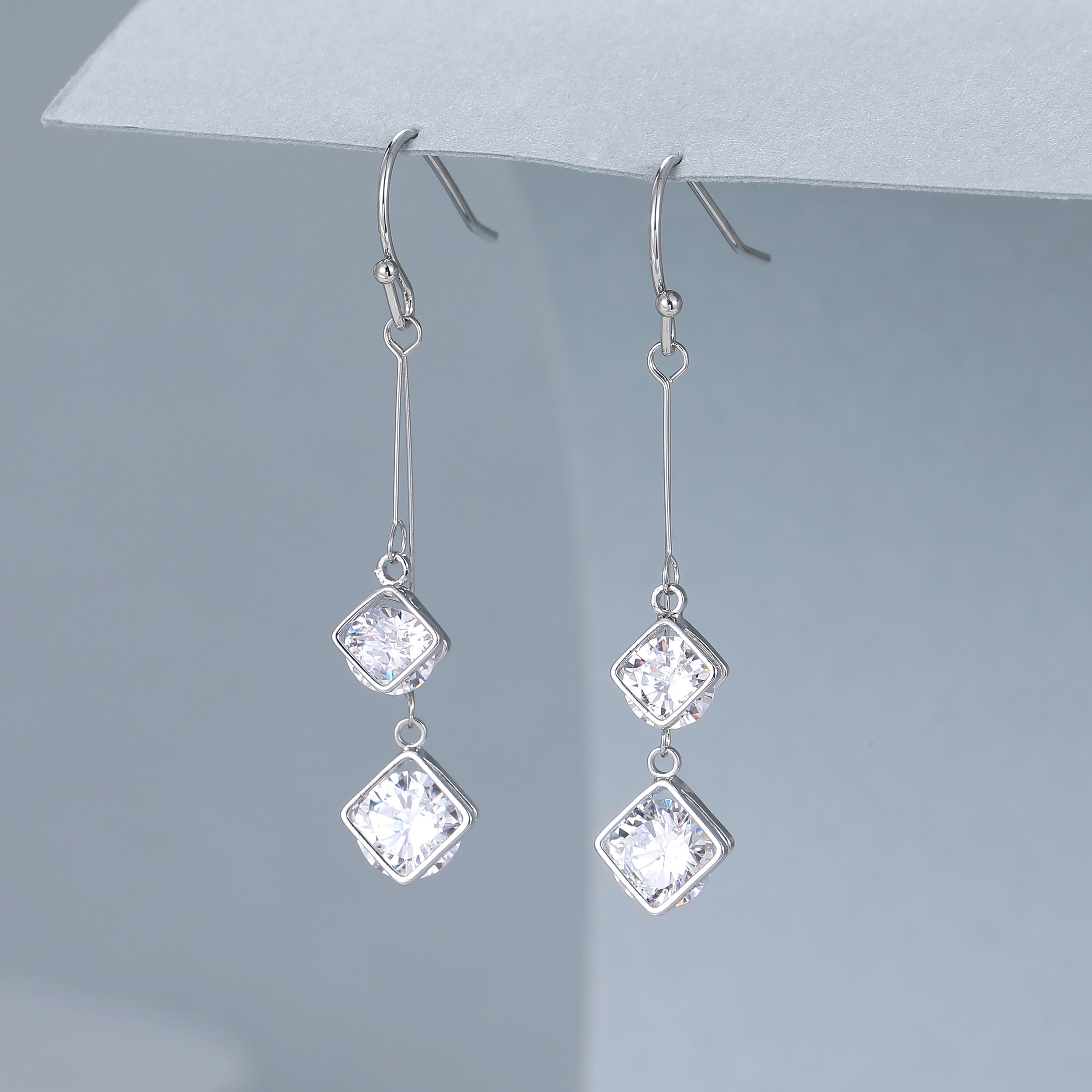 Silver double crystal drop earrings
