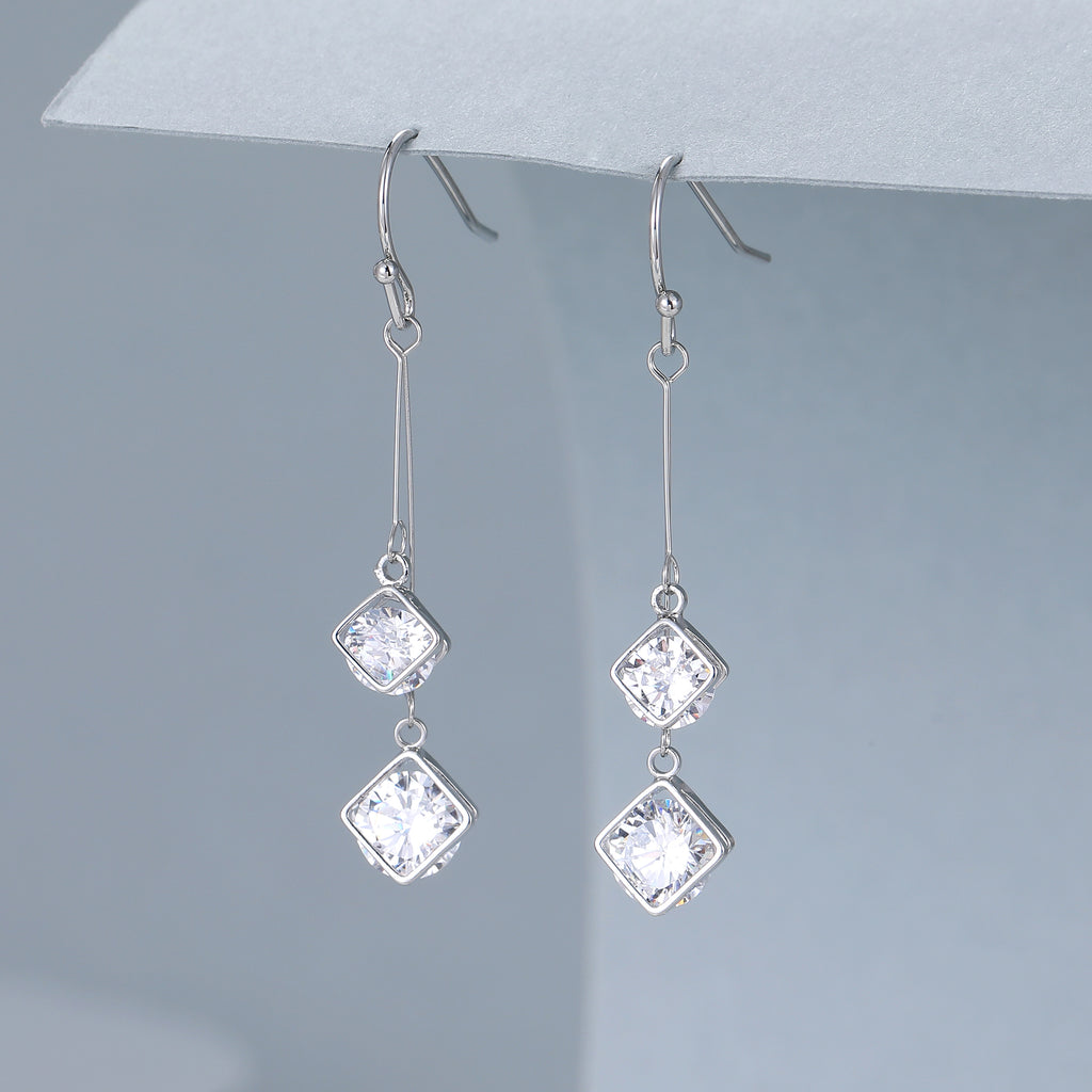 Silver double crystal drop earrings