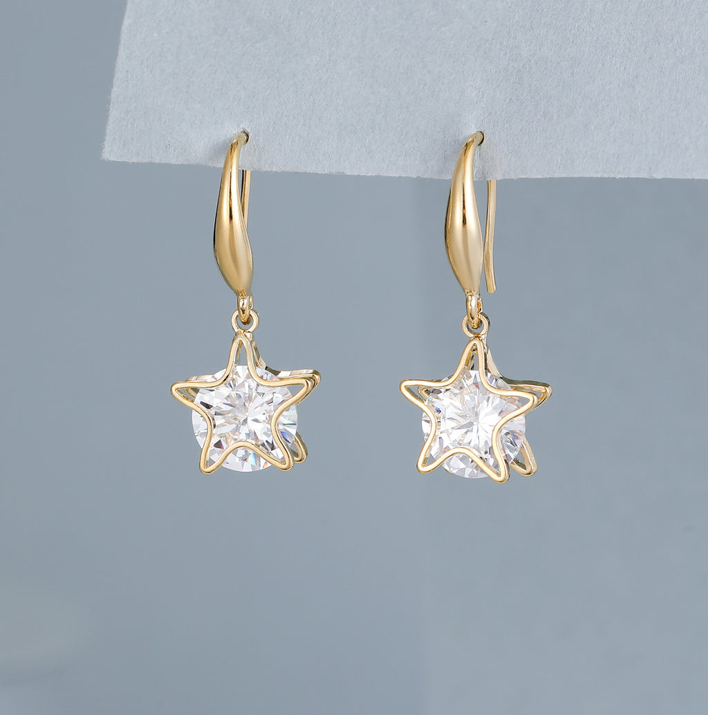 Gold & shiny crystal star drop earrings