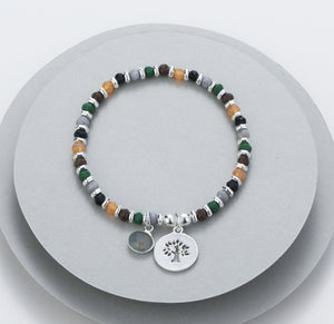 Elasticated bracelet in silver, green & earthy tones, with tree pendant