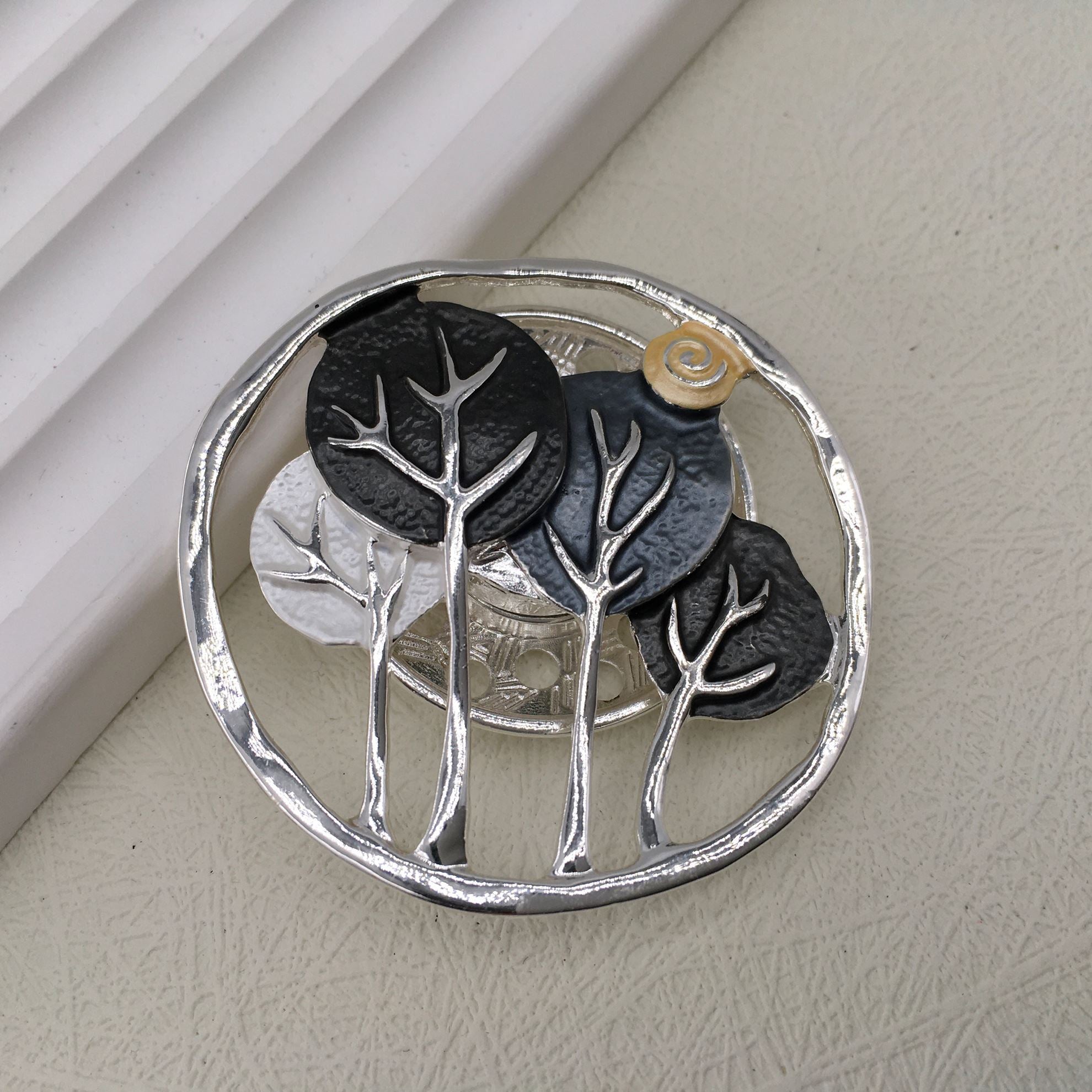 Grey and silver open-tree design magnetic brooch and scarf clip