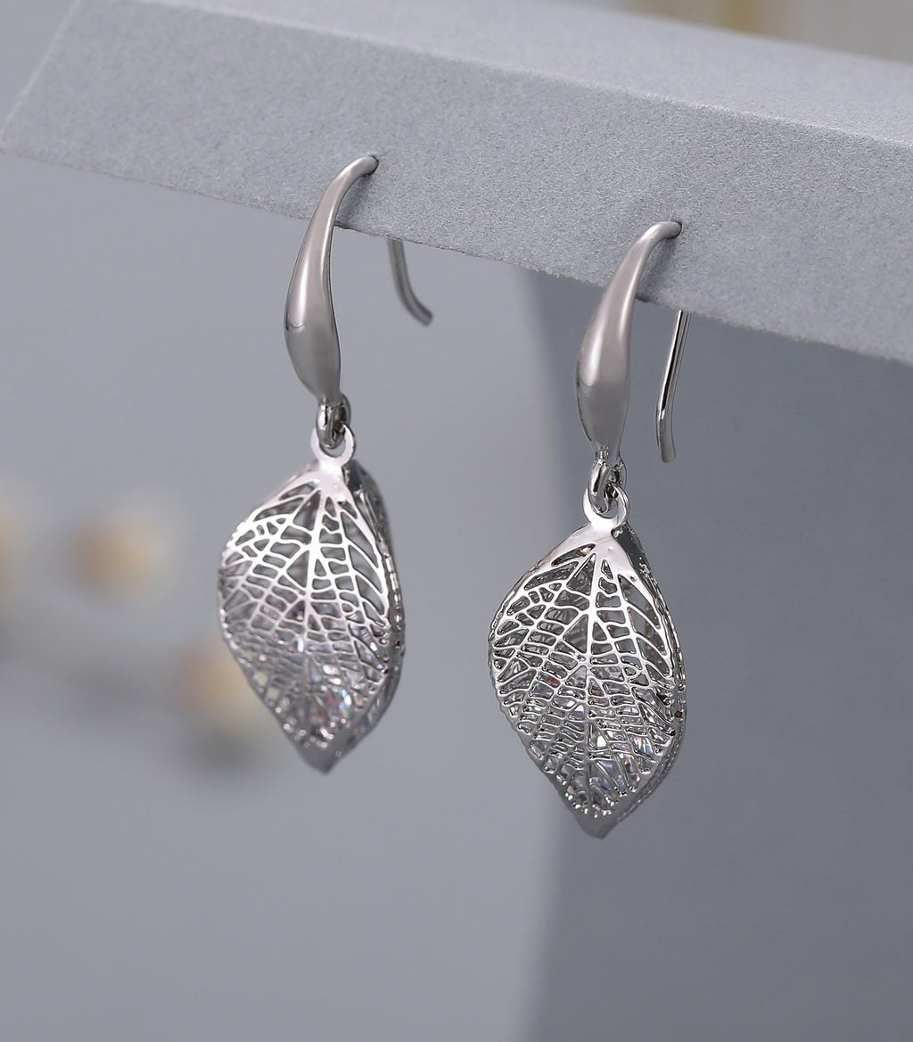 Silver caged crystal leaf earrings