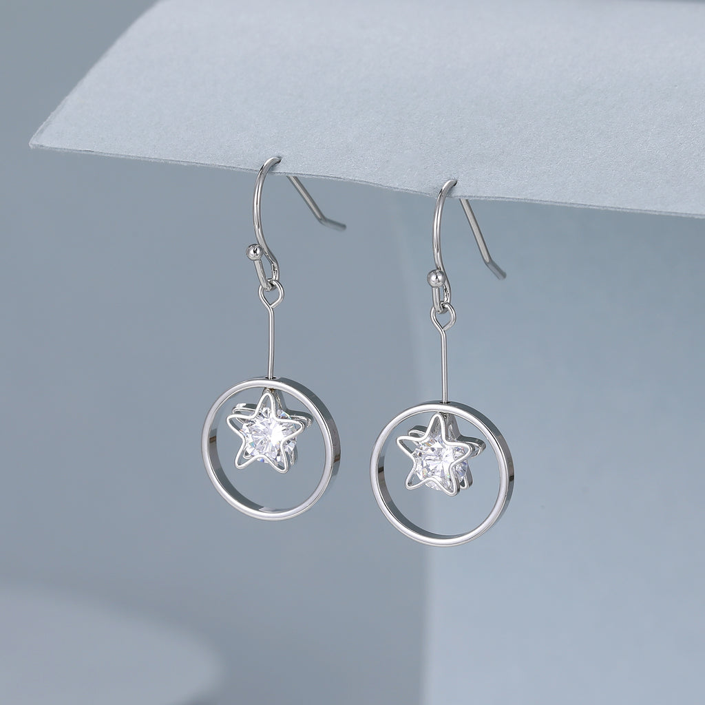 Silver circular crystal star drop earrings