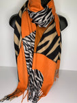 Cashmere feel orange, black, white and cream zebra print scarf
