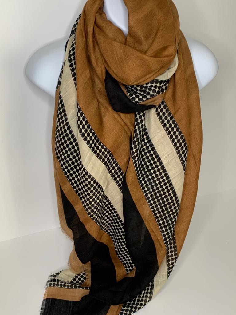 Shades of brown, cream and grey patterned print scarf